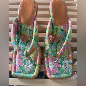 Skeet Slide Sandals-Circus -Sam Edelman, Orange Tropical Flower Square Toe- 8.5